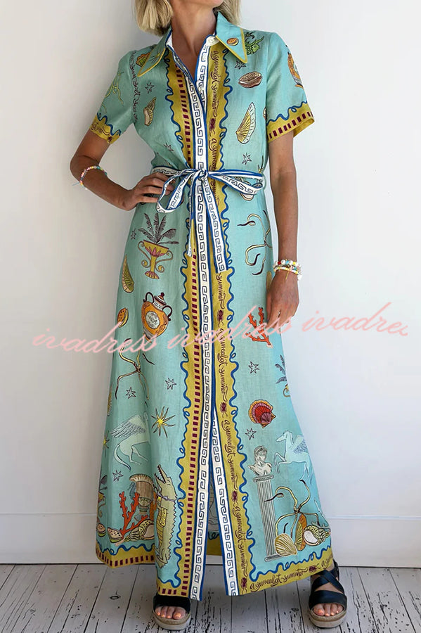 Deep Sea Dreaming Linen Blend Unique Print Short Sleeve Tie-up Shirt Maxi Dress