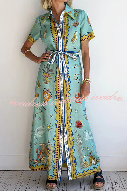 Deep Sea Dreaming Linen Blend Unique Print Short Sleeve Tie-up Shirt Maxi Dress