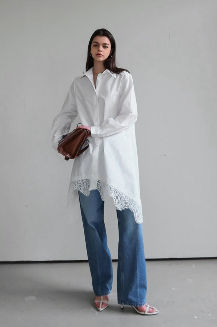Soft Ruffled Lace Asymmetric Shirtdress Long Sleeve Mini Dress