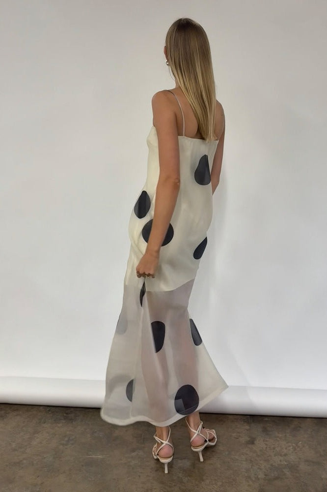 Polka Dot Strapless Opaque Bodice Sheer Mesh Skirt Maxi Dress