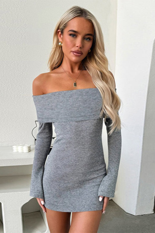 Off Shoulder Foldover Rib Knit Long Sleeve Bodycon Mini Dress