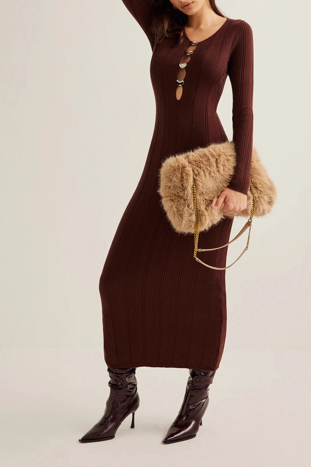 Round Neck Keyhole Cutout Hardware Detail Ribbed Knit Long Sleeve Bodycon Midi Dress