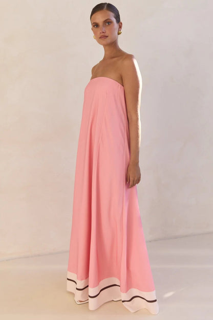 Strapless Tube Contrast Band A-Line Maxi Dress