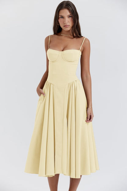 Corset Bustier Spaghetti Strap Basque Waist Pleated Midi Dress