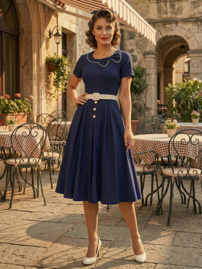 Contrast Piping Bow Neck Button Decor Pleated A Line Swing Dress For Women 2026