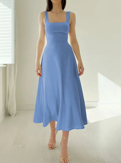 Square Neck Wide Strap Sleeveless Fit and Flare Midi Dress