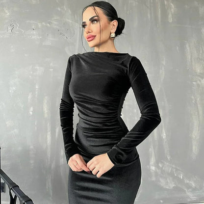 Velvet Ruched Side Drape Bateau Neck Long Sleeve Bodycon Midi Dress