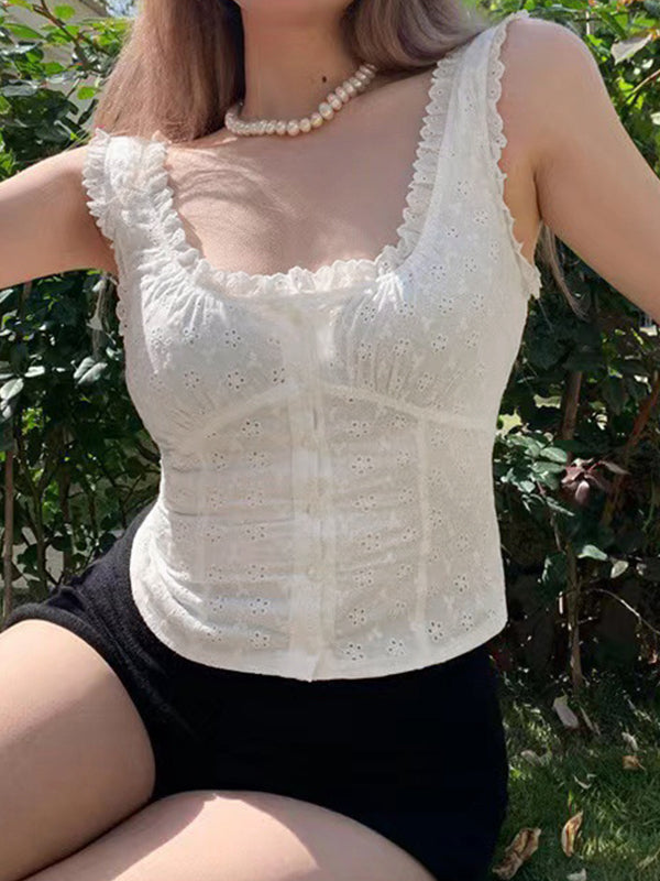 French Cutout Trim U Neck Tank Top