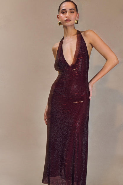 Deep V Neck Halter Sequin Shimmer Metallic Midi Dress
