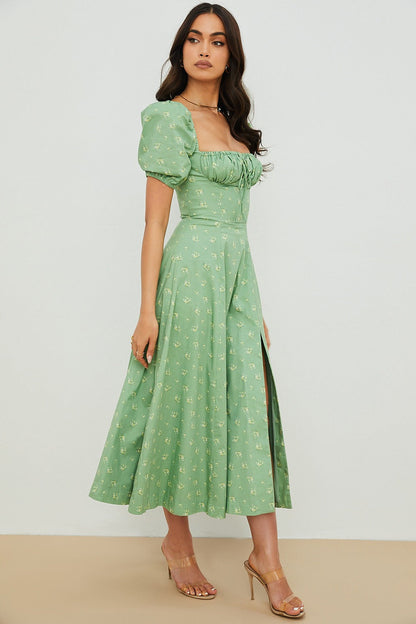 Puff Sleeve Wrap Slit Maxi Floral Dress