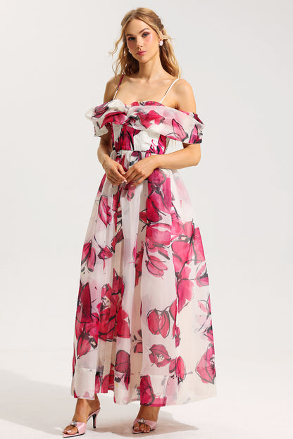 Floral Off-Shoulder Pleated Midi Dress