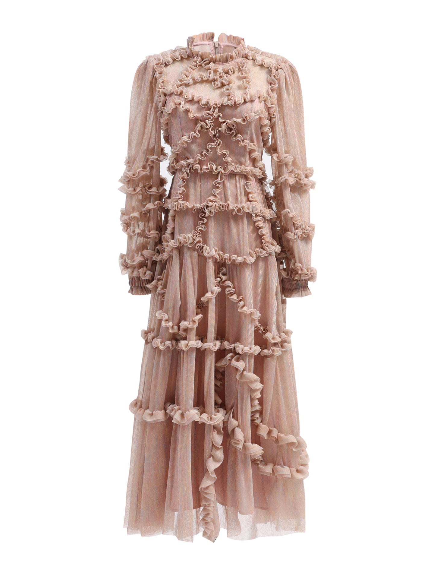 Ruffles Dress Illusion Long Sleeves High Collar Tulle Party Maxi Dresses