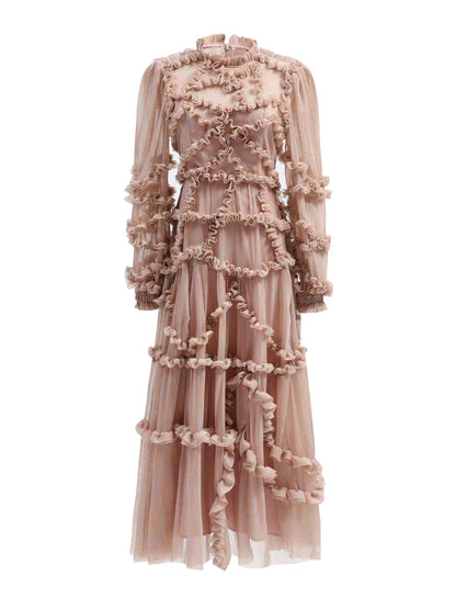 Ruffles Dress Illusion Long Sleeves High Collar Tulle Party Maxi Dresses