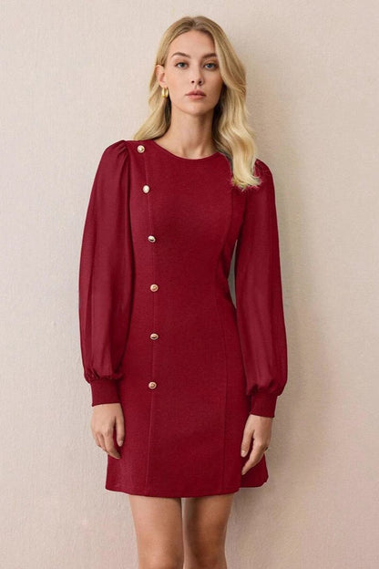 Crew Neck Sheer Puff Sleeve Asymmetric Button Detail A Line Mini Dress