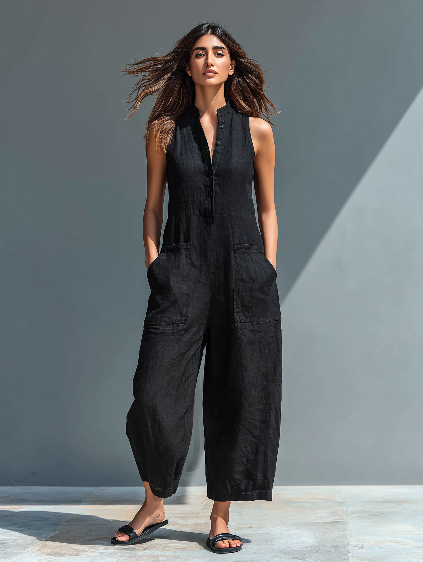 Sleeveless Minimalist Linen Blend Jumpsuit for Women with High Collar and Buttons