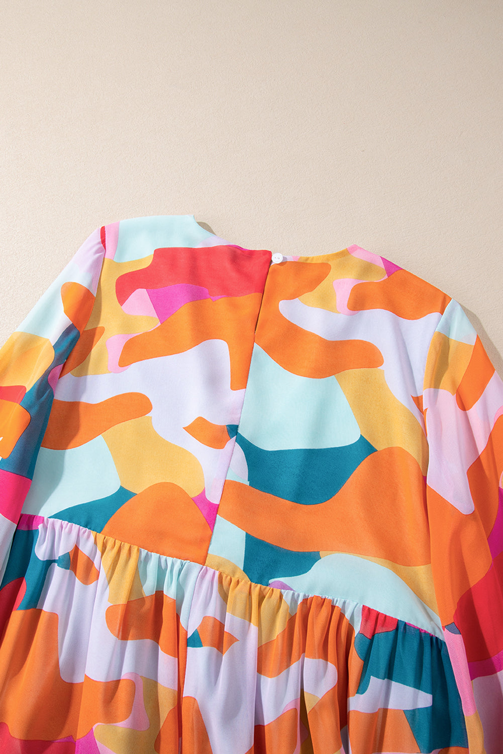 Abstract Geometric Print Deep V-Neck Bell Sleeve Tiered Ruffle Mini Dress