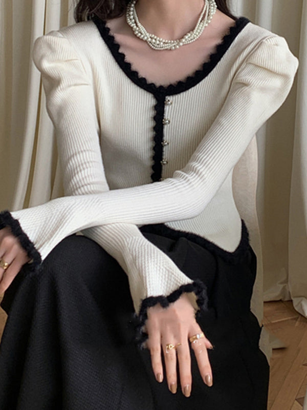 Contrast Color Scallop Trim Puff Sleeve Cardigan