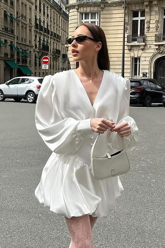 Deep V Neck Puff Sleeve Cinched Waist Bubble Hem Satin Mini Dress