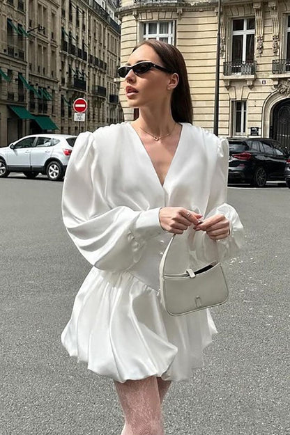 Deep V Neck Puff Sleeve Cinched Waist Bubble Hem Satin Mini Dress