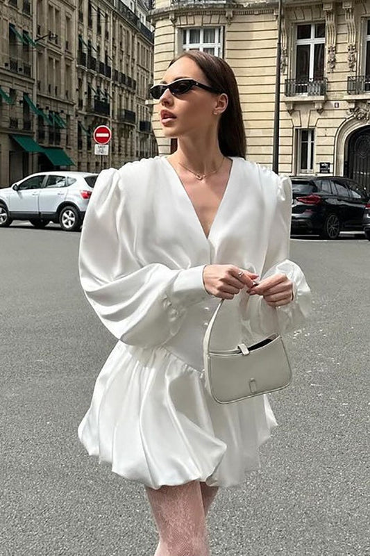 Deep V Neck Puff Sleeve Cinched Waist Bubble Hem Satin Mini Dress