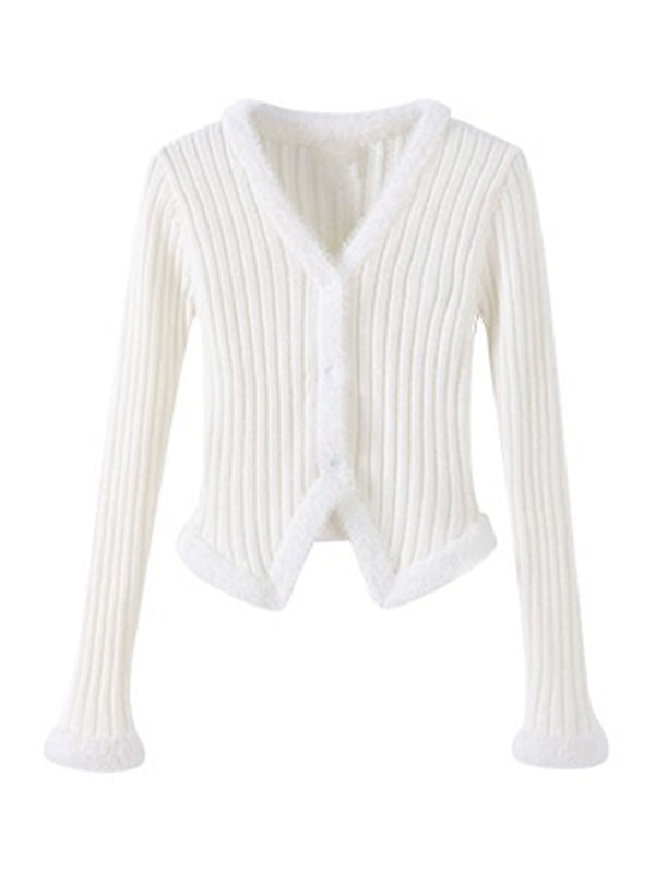 Solid V Neck Fuzzy Trim Slim Ribbed Knit Cardigan