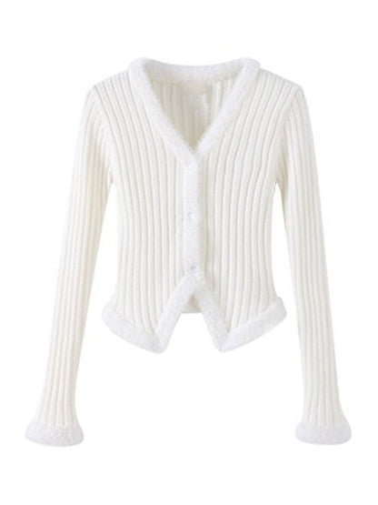 Solid V Neck Fuzzy Trim Slim Ribbed Knit Cardigan