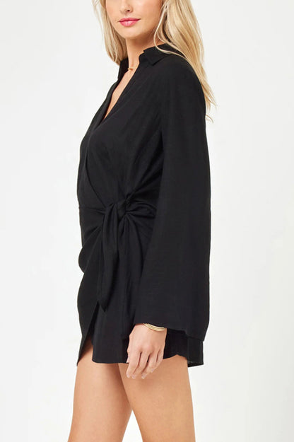 Solid Color Casual Long-sleeved V-neck Tie Waist Mini Dress