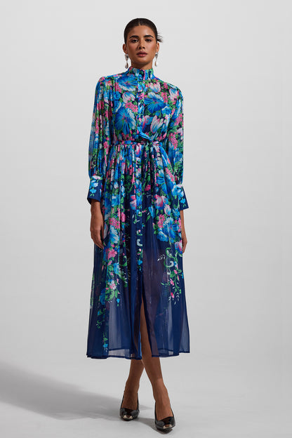 Floral Stand Collar Long Sleeve Midi Dress