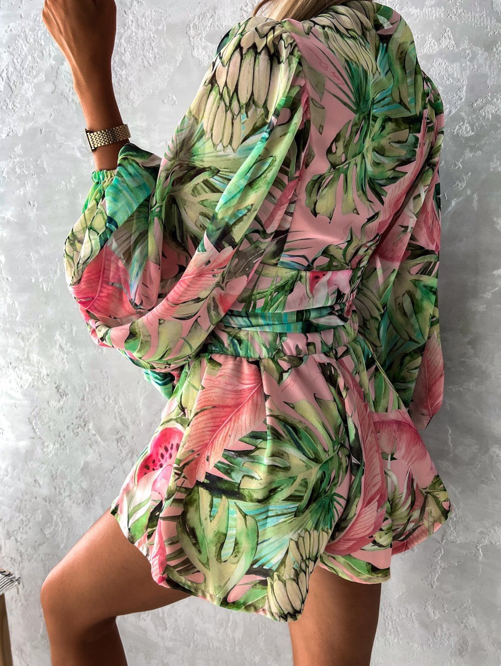 Loose Romper Printed V-Neck Lantern Sleeves Belted Casual Resort Jumpsuit