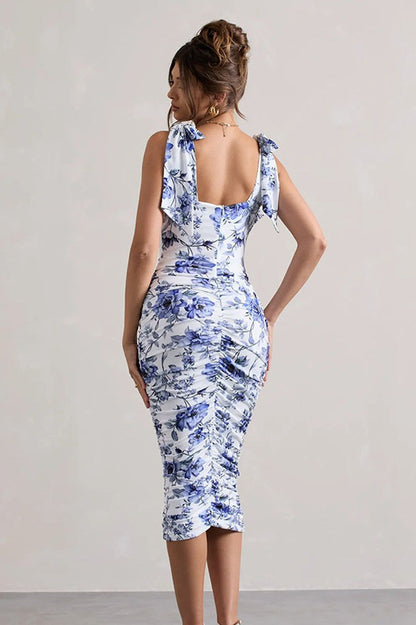 Vintage Floral Print Ruched Maxi Dress