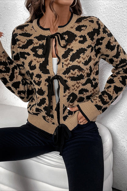 Knitted Leopard Ribbon Tie Cardigan