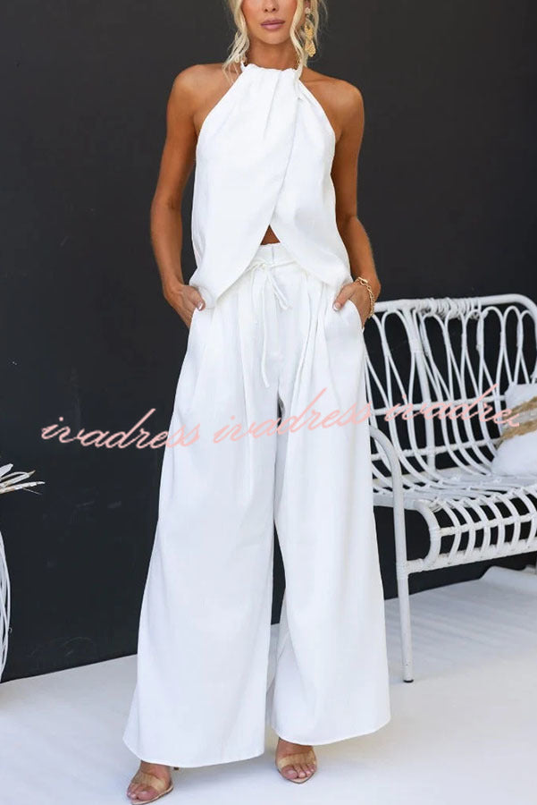 Gette Linen Blend Slit Front Top and High Rise Knoted Pocket Wide Leg Pants Set
