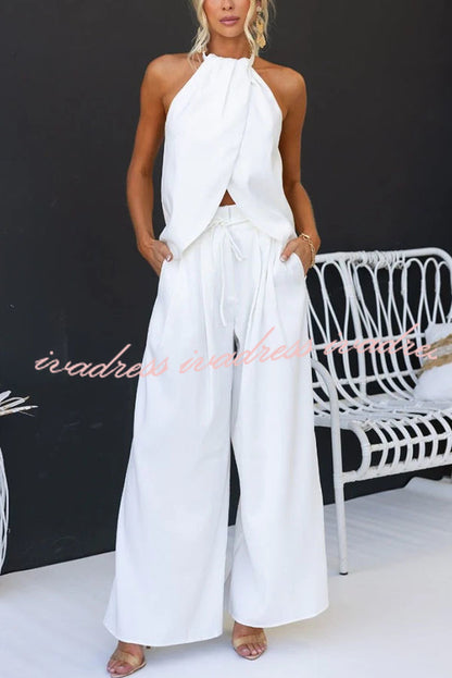 Gette Linen Blend Slit Front Top and High Rise Knoted Pocket Wide Leg Pants Set