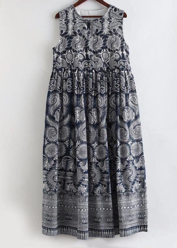 Style O Neck Sleeveless Spring Blue Print Maxi Dress