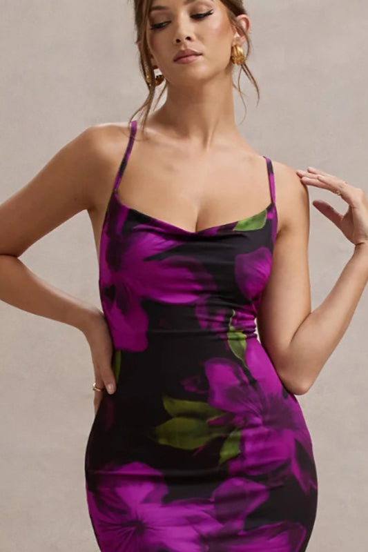 Floral Print Open Back Crisscross Strap Mermaid Maxi Gown
