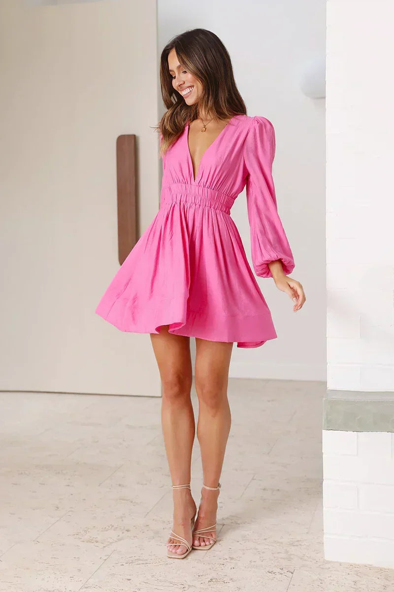 Puff Sleeve Smocked Waist Center Back Zip Fit and Flare Mini Dress