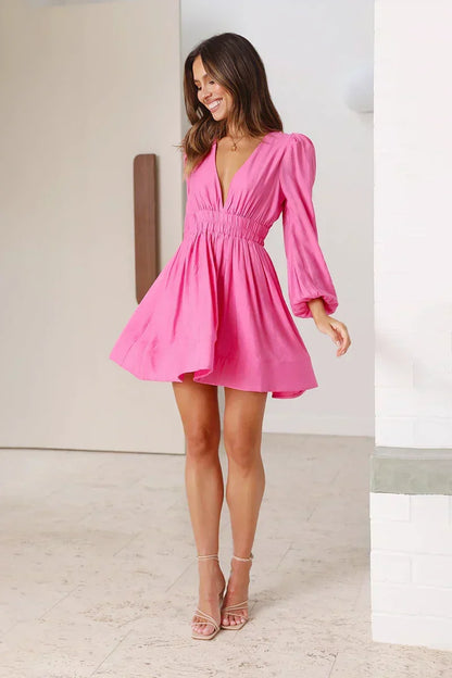 Puff Sleeve Smocked Waist Center Back Zip Fit and Flare Mini Dress