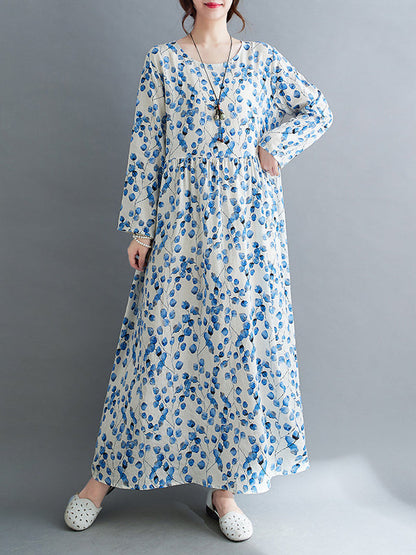 Long Sleeves Loose Flower Print Split-Joint Round-Neck Midi Dresses