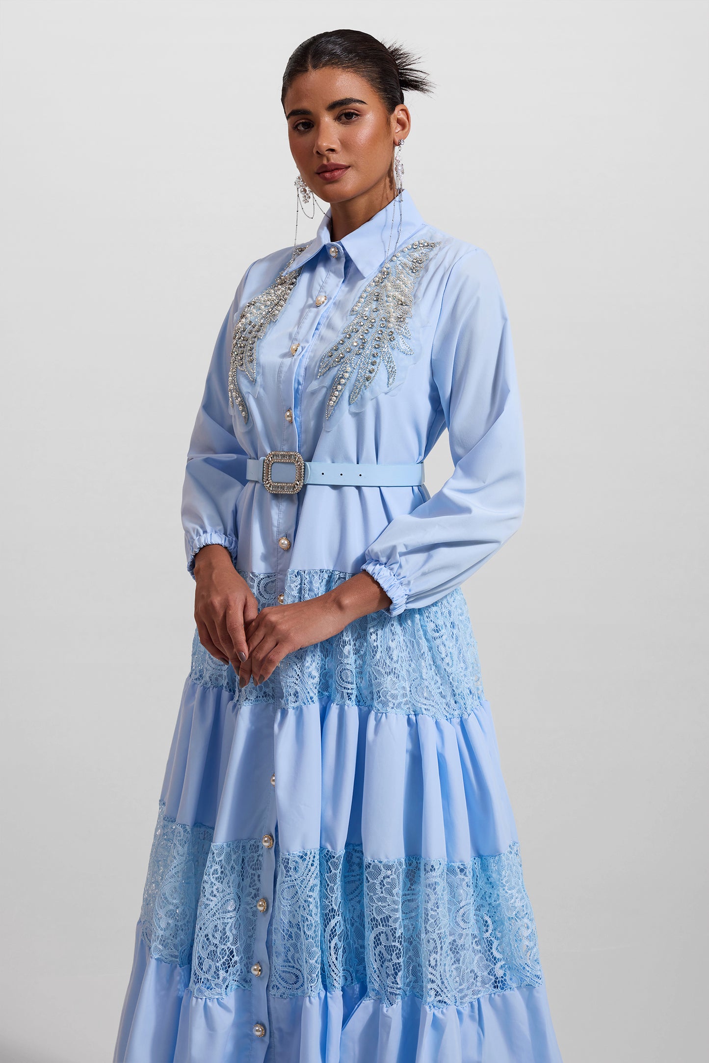 Solid Lace Embroidered Rhinestone Lantern Sleeve Midi Dress