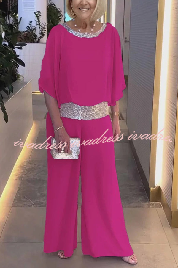 Stylish Sequin Patchwork Dolman Sleeve Top and Elastic Waist Wide Leg Pants Set