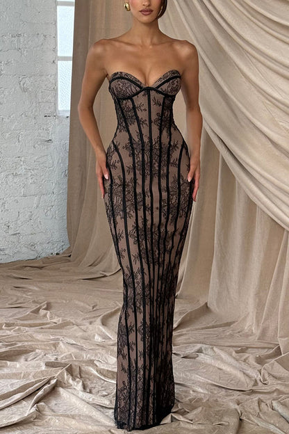 Sian Floral Lace Contrast Structural Detail Back Lace-up Strapless Slit Maxi Dress