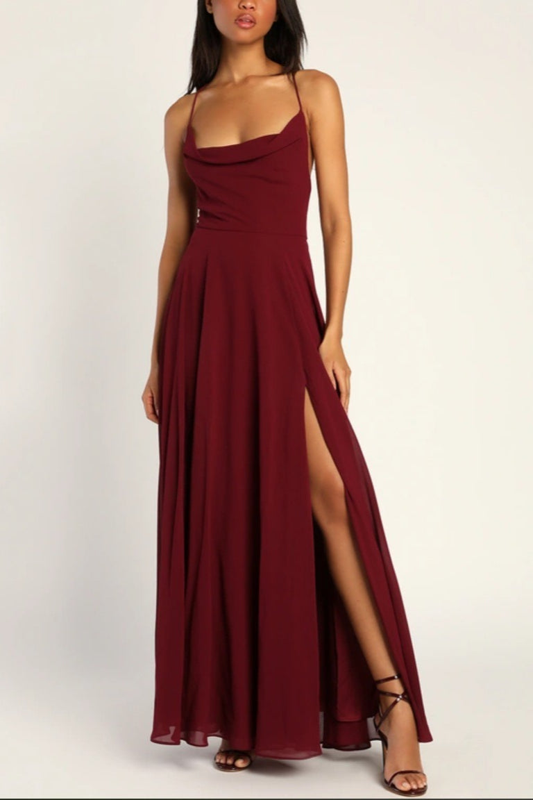 Cowl Neck Spaghetti Strap High Slit A-Line Chiffon Maxi Gown