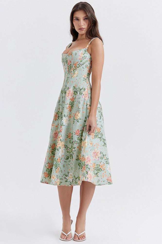 Thick Strap Sweetheart Corset Bodice Ditsy Floral Print A-Line Midi Dress