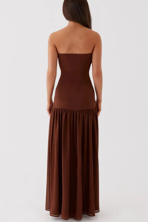 Strapless Bandeau Drop-Waist Gathered Chiffon High-Slit Maxi Gown