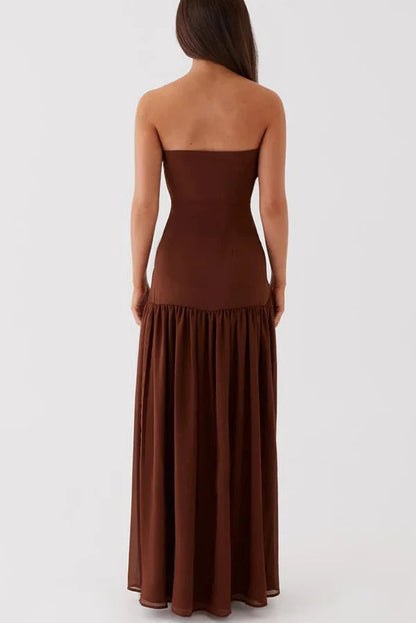Strapless Bandeau Drop-Waist Gathered Chiffon High-Slit Maxi Gown