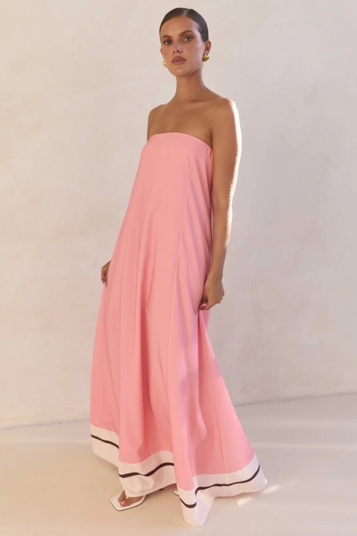 Strapless Tube Contrast Band A-Line Maxi Dress