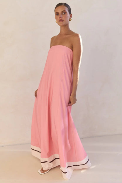 Strapless Tube Contrast Band A-Line Maxi Dress