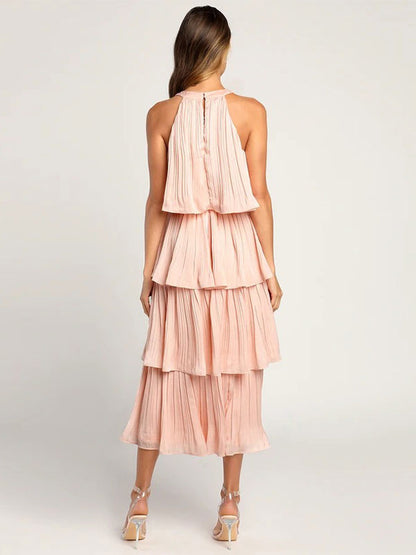 Layered Dress Halter Round Neck Sleeveless Graduation Party Midi Dresses