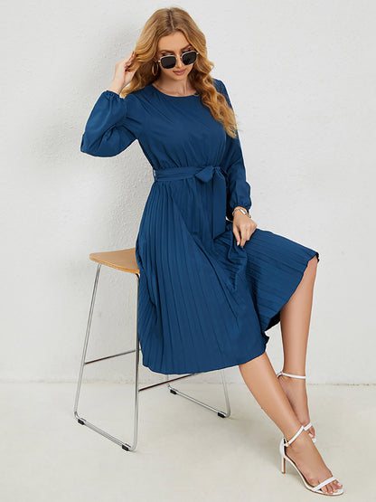 Midi Dresses Jewel Neck Lantern Sleeve Belted Pleated Dress