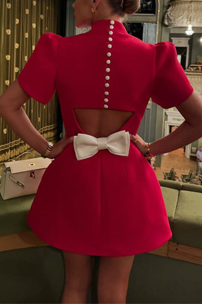 Margovil Mockneck Petal Sleeves Bow Knot Cut Out Mini Dress